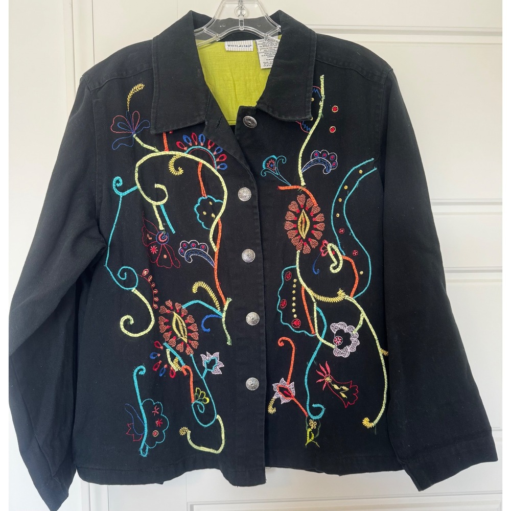 VTG 90s White Stag Embroidered Black Denim Jacket Sz Large 12/14 EUC